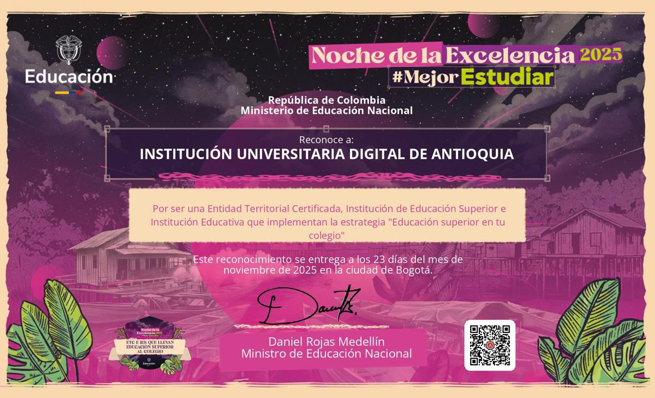 Diploma de reconocimiento otorgado a la IU Digital de Antioquia por llevar educación superior al corregimiento de El Plateado.